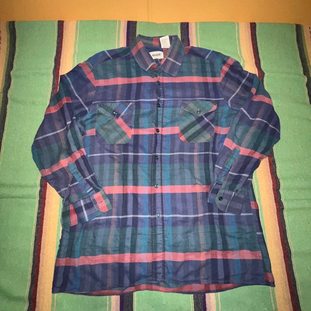 Augie Plaid Button Down Shirt Mens L Blue Green Red Long Sleeve Vintage Style